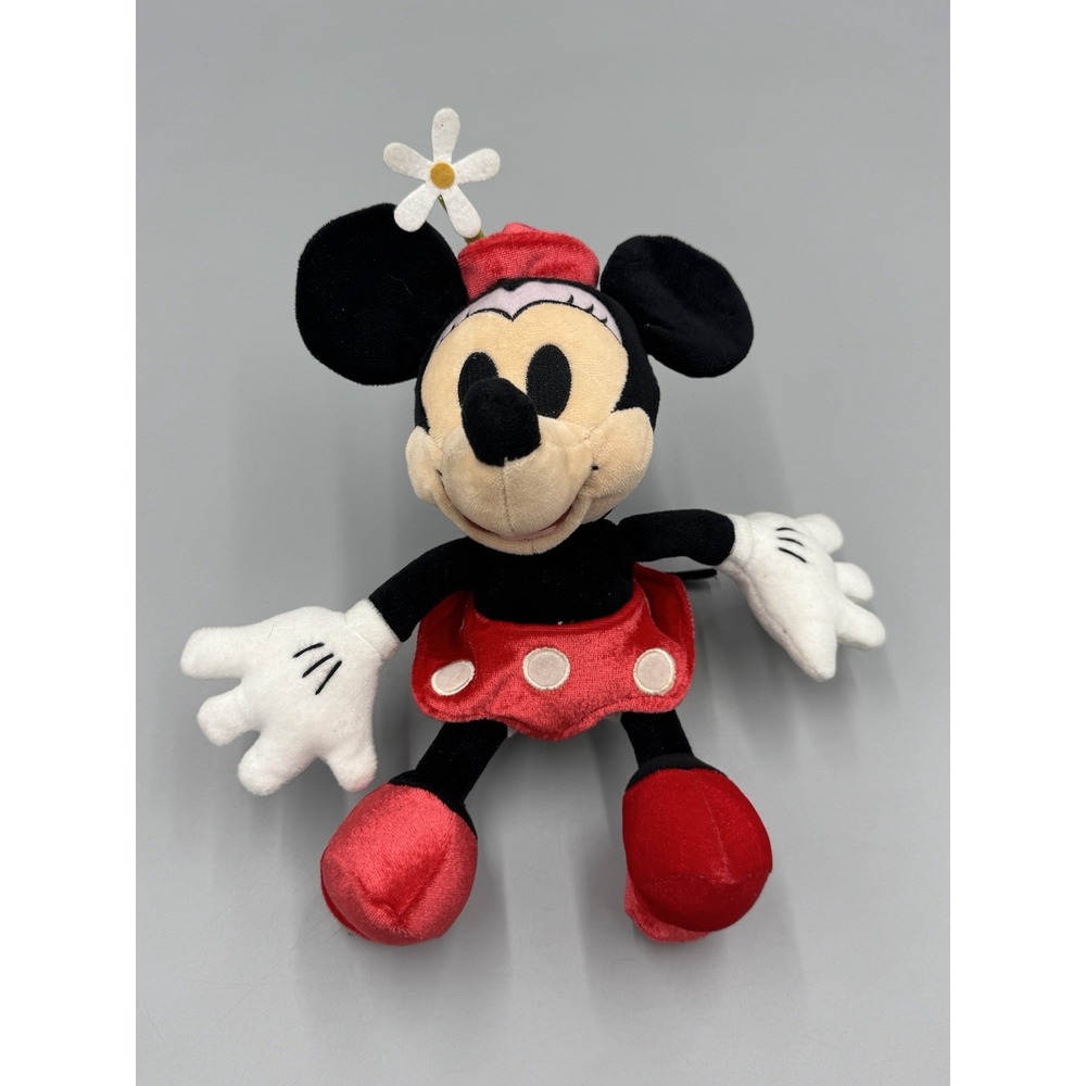 Disney Minnie Mouse Plush Doll Red Polka Dot Skirt Flower Hat 8" No Tag